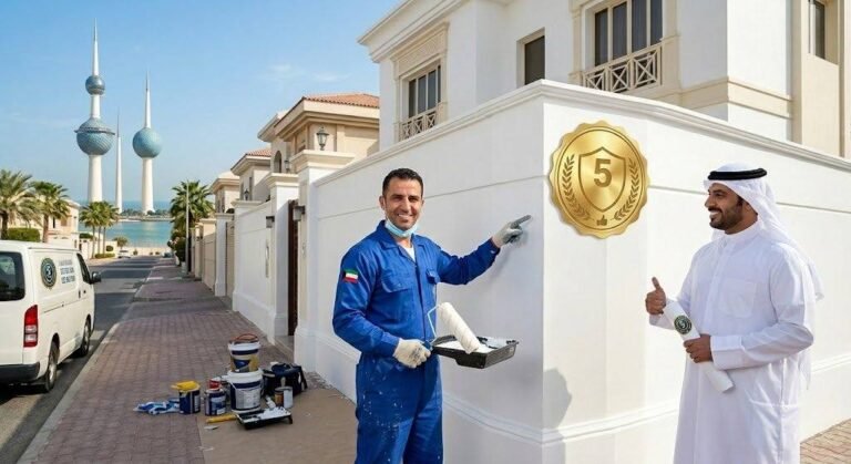 فني محترف يقوم بأعمال الأصباغ والدهانات والتشطيبات بدقة وإتقان باستخدام أحدث الأدوات وأجود أنواع الطلاء ضمن خدمات صباغ الرابية بالكويت لضمان مظهر جمالي وعصري وراحة العملاء.