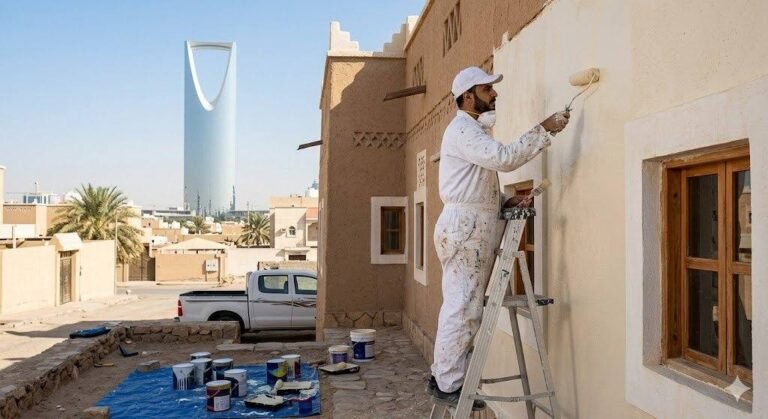 فني صباغة محترف يقوم بأعمال طلاء الجدران والديكورات بدقة وإتقان باستخدام أحدث الأدوات والمواد عالية الجودة ضمن خدمات صباغ منطقة الشرق بالكويت لضمان مظهر جمالي رائع وراحة العملاء.