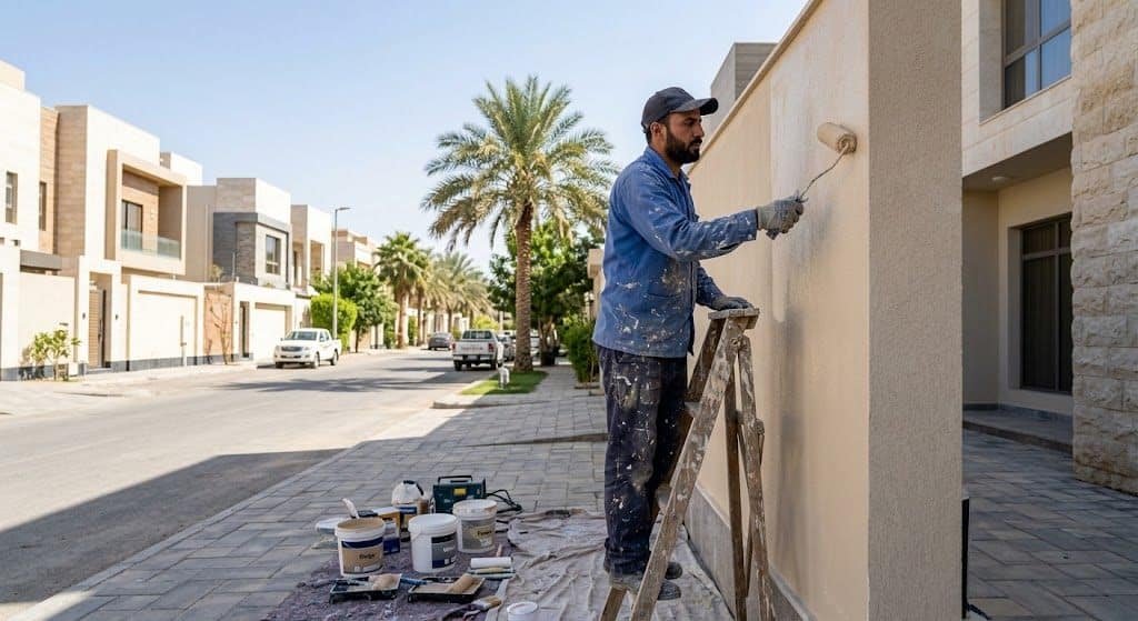 فني محترف يقوم بأعمال تركيب وتنسيق ورق الجدران بدقة وأمان باستخدام أحدث المعدات وأجود الخامات ضمن خدمات تركيب ورق جدران الجهراء لضمان مظهر جمالي رائع وراحة العملاء.