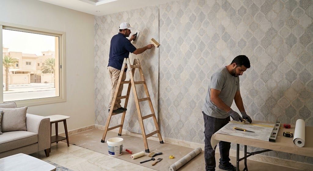 فني محترف يقوم بأعمال طلاء الجدران والأسقف بدقة وأمان باستخدام أحدث المعدات وأجود أنواع الدهانات ضمن خدمات صباغ المنطقة العاشرة بالكويت لضمان مظهر جمالي وعصري وراحة العملاء.